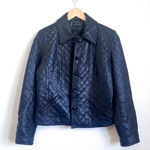 Womens Quilted Leather Moto Jacket Size 6 Black Cropped Biker Luxury Minimalist